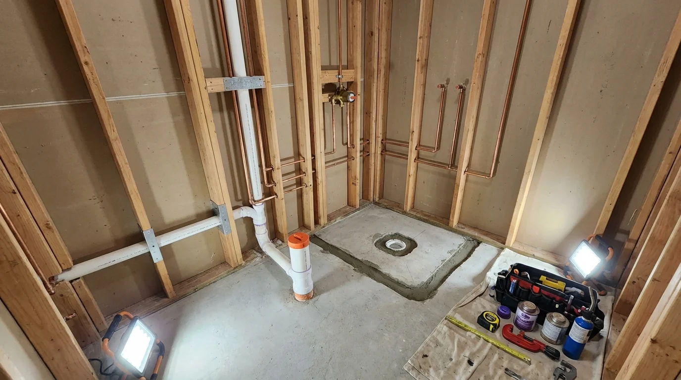 Bathroom rough-in plumbing during remodel by Johns Plumbing LLC in Burlingame