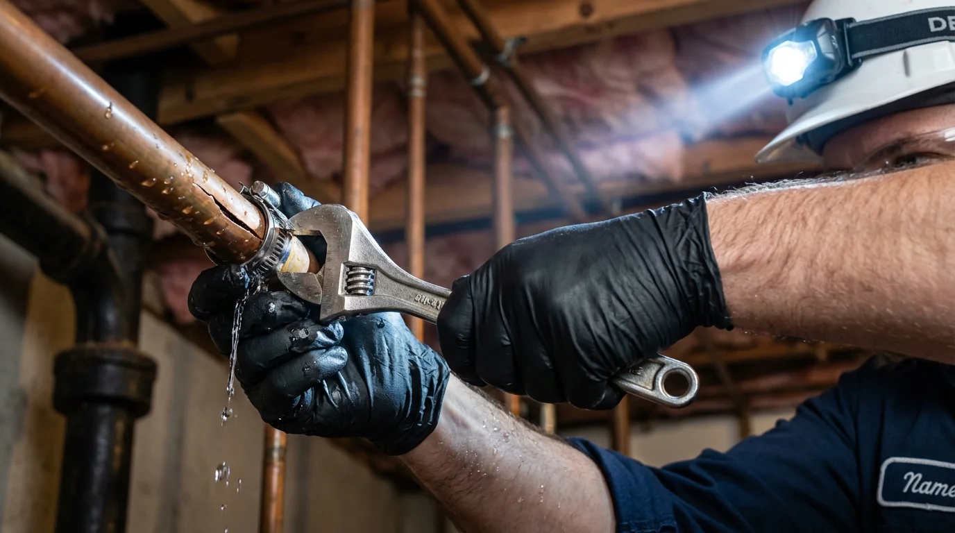 Emergency pipe clamp repair being performed by a Johns Plumbing LLC plumber in Burlingame