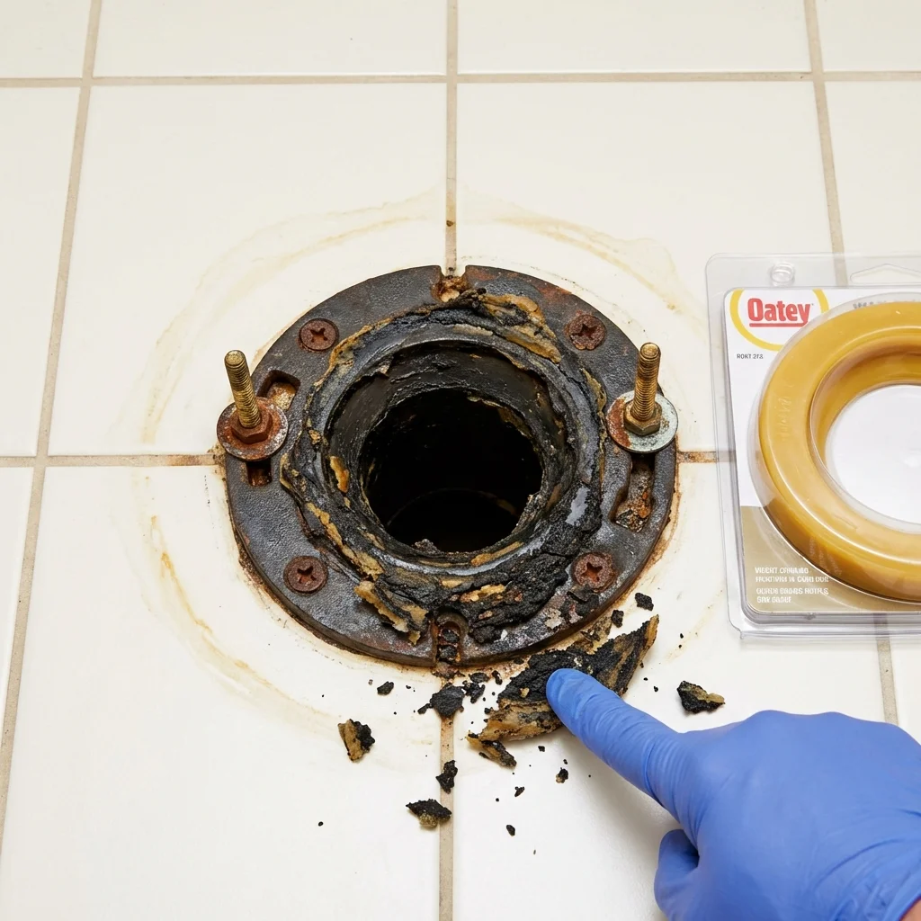 Failed wax ring showing water seepage at the base of a toilet in a Burlingame, CA home